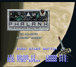 Phalanx - The Enforce Fighter A-144 (Europe) Title Screen
